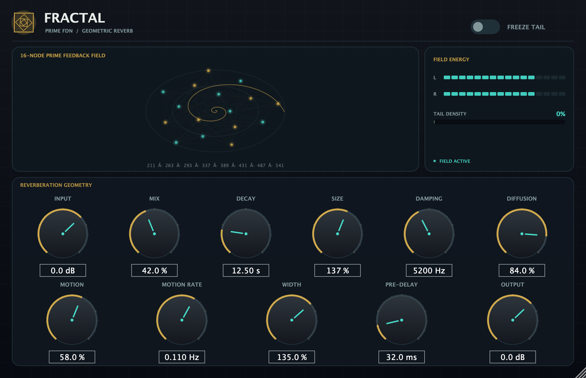 Fractal geometric reverb interface showing its 16-node prime feedback field and reverberation controls